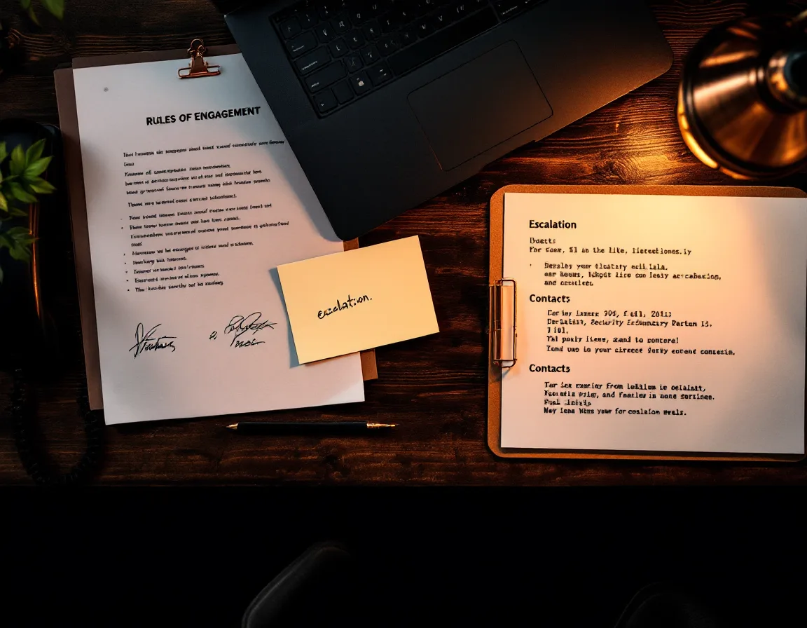 Overhead view of a desk at night with signed rules of engagement, a stop-word card by the phone, a laptop terminal, and a copper lantern
