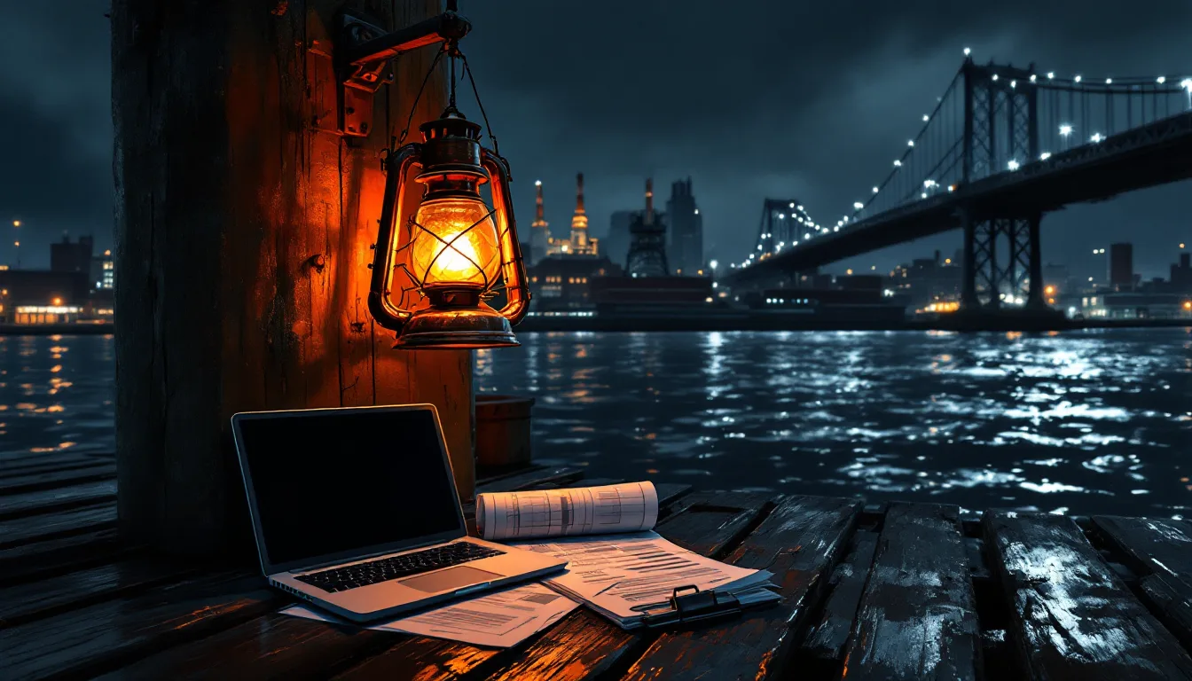 Painted illustration of a copper lantern on a Brooklyn pier at night, its light falling on a laptop and a printed report